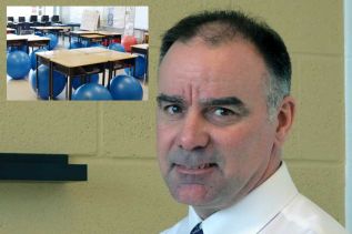 Acting Principal James McDonald. Inset: Teacher Scott Flegal's grade 2 classroom where students sit on balls instead of chairs